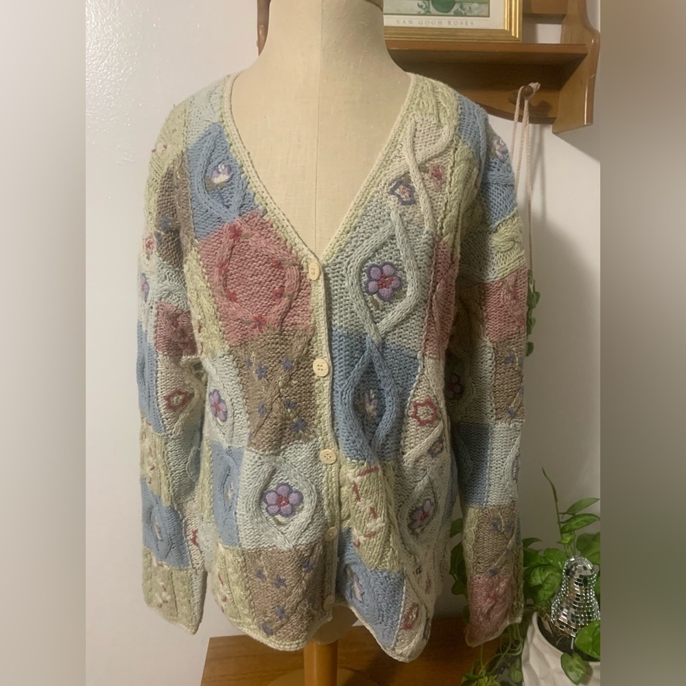 Laura Ashley Vintage Cardigan Pastel Patchwork Embroidery Cottagecore M 90s
